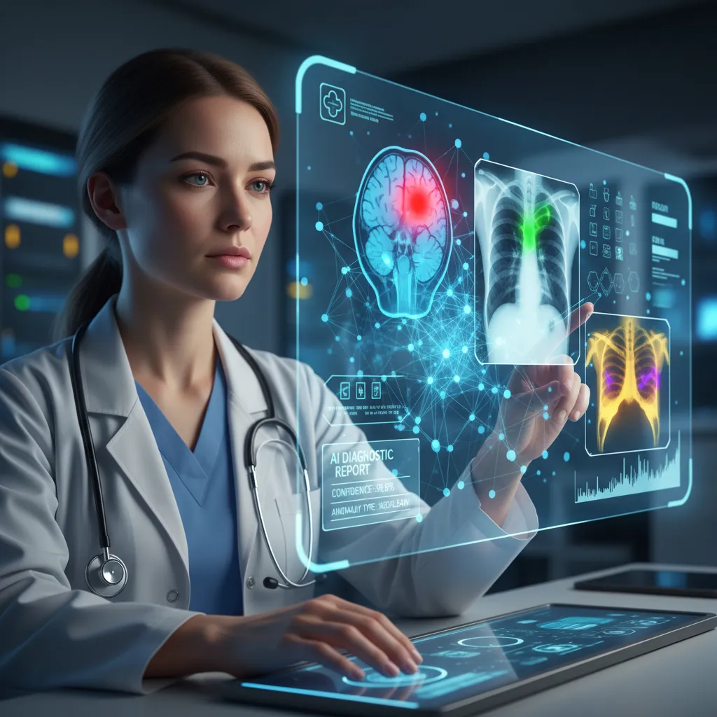 AI analyzing medical scans and a doctor reviewing the AI's findings.
