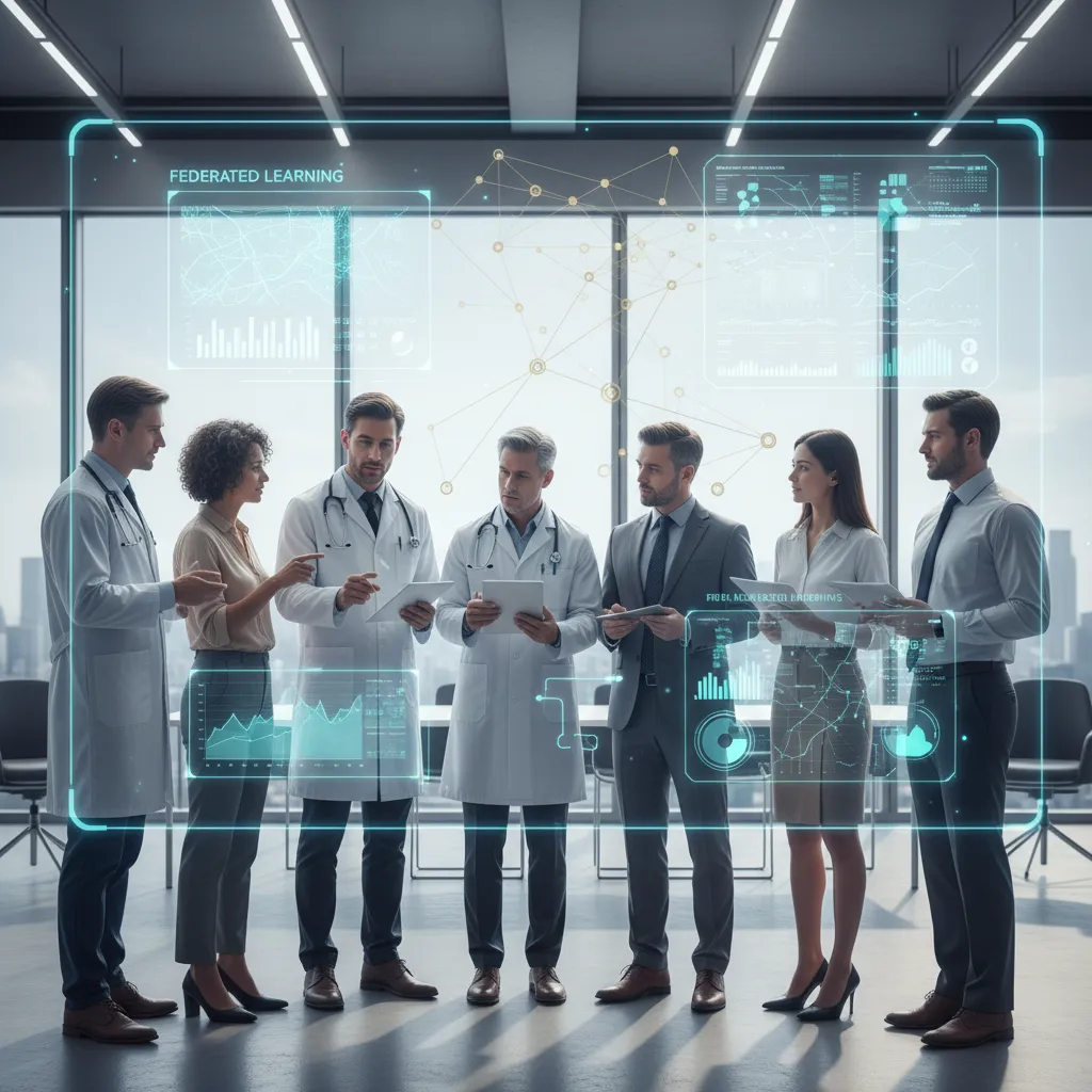 Professionals collaborating using AI insights on a transparent screen