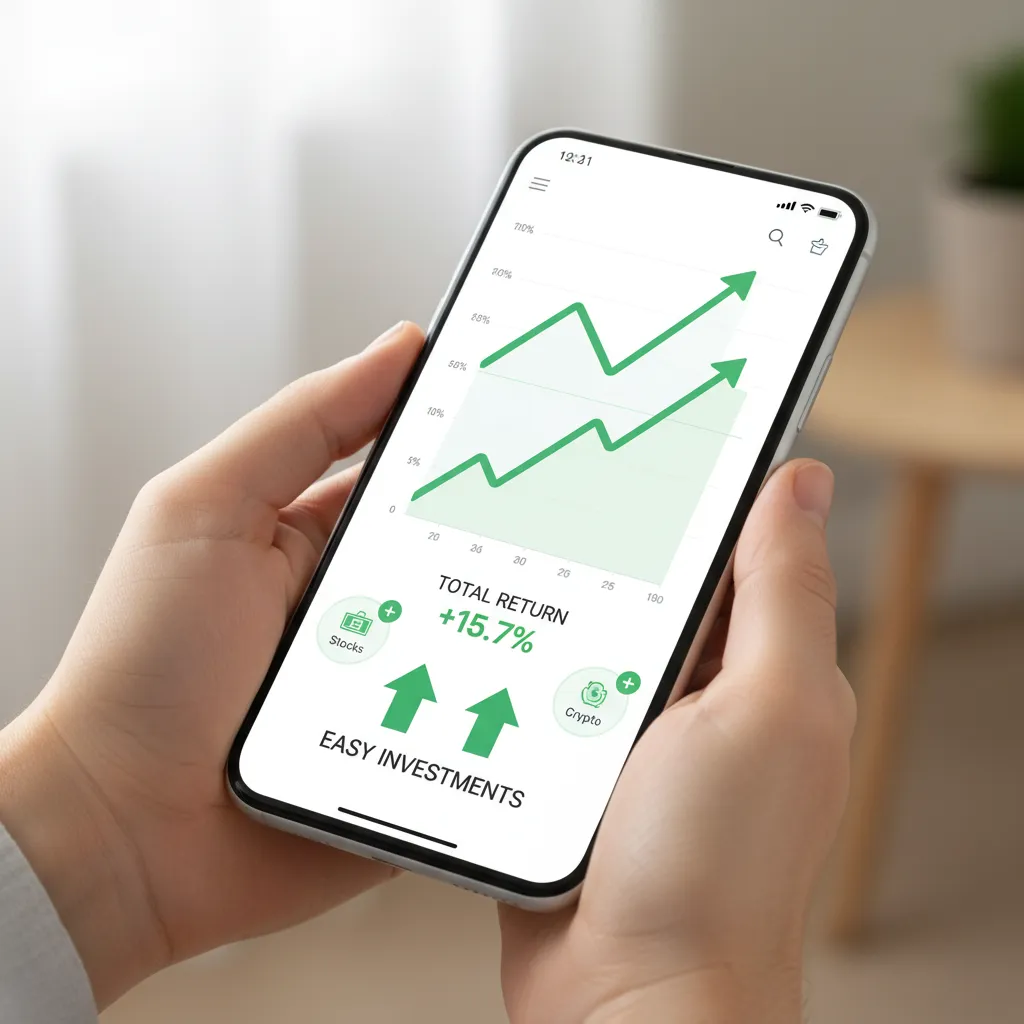 Smartphone showing investment app with upward trends