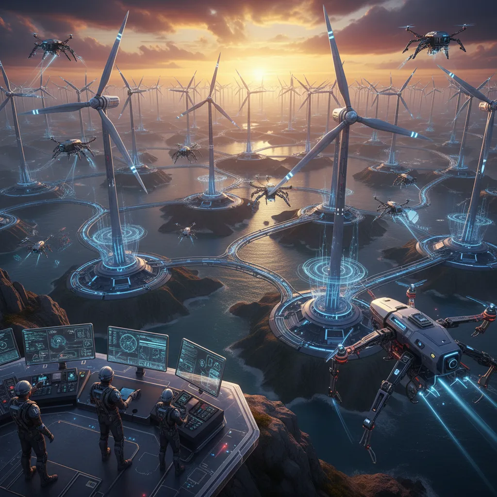 AI-driven drones inspecting industrial infrastructure at sunset