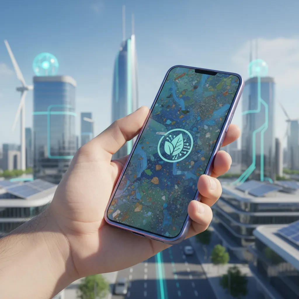 Smartphone made from recycled materials in a sustainable city.