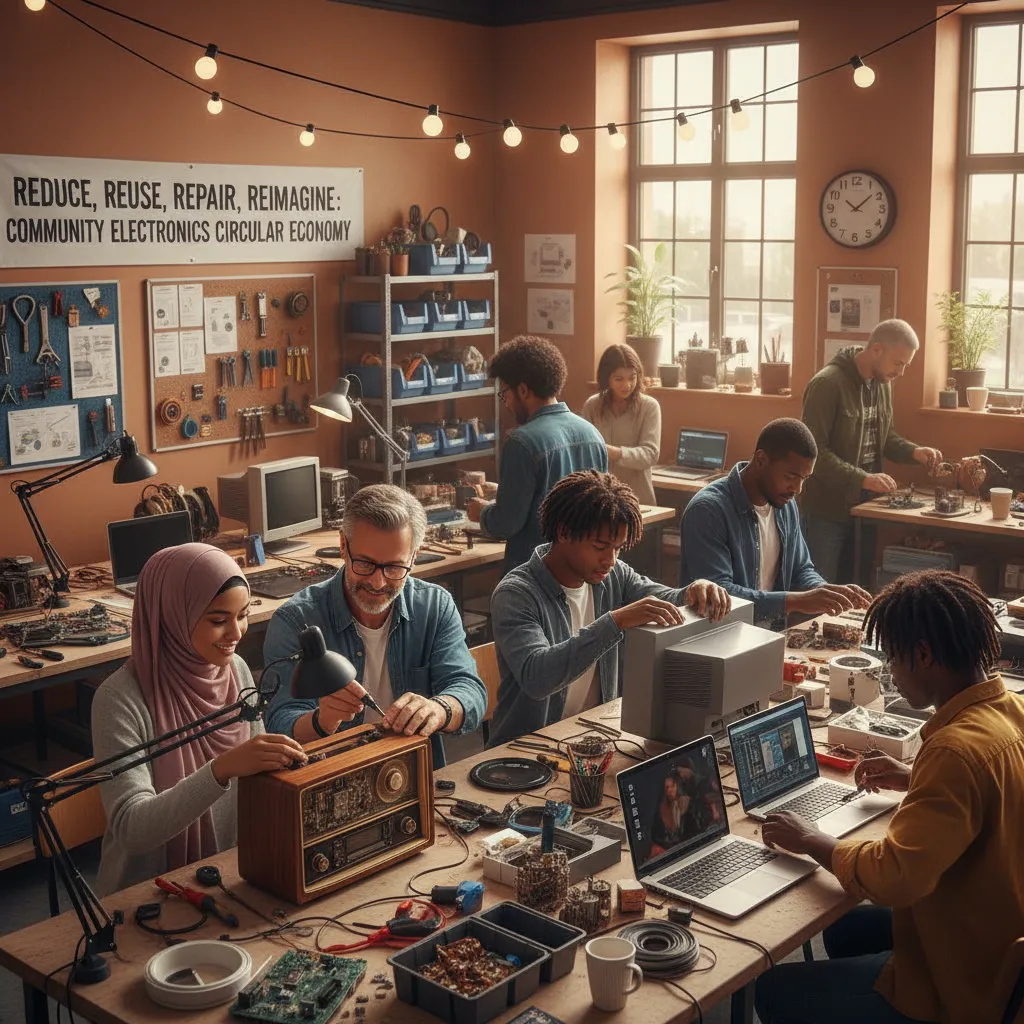 People upcycling electronics in a workshop.